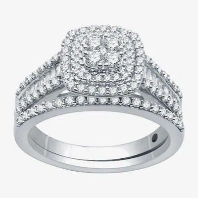 I Said Yes (h-i / I1) 1 Ct.t.w. Lab-grown Diamond Cushion Side Stone Halo Bridal Set In Sterling Silver