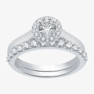 I Said Yes (h-i / I1) Womens 1 Ct. T.w. Lab Grown White Diamond Sterling Silver Round Side Stone Halo Bridal Se In Metallic