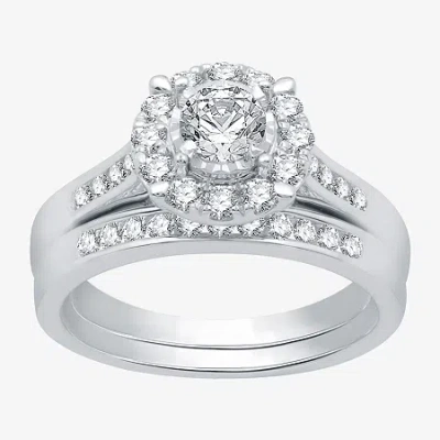 I Said Yes (h-i / I1) Womens 1 Ct. T.w. Lab Grown White Diamond Sterling Silver Round Side Stone Halo Bridal Se In Metallic