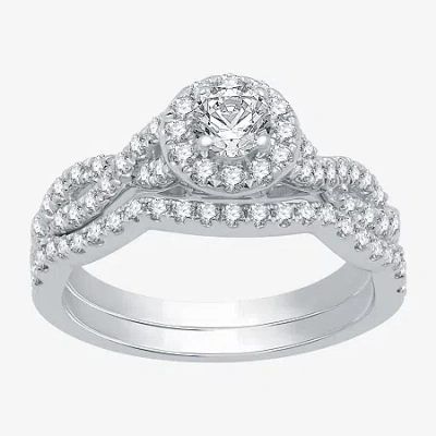 I Said Yes (h-i / I1) Womens 1 Ct. T.w. Lab Grown White Diamond Sterling Silver Round Side Stone Halo Bridal Se In Metallic
