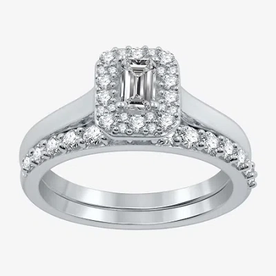 I Said Yes (h-i / I1) Womens 1 Ct. T.w. Lab Grown White Diamond Sterling Silver Side Stone Halo Bridal Set