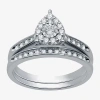 I Said Yes (h-i / I1) Womens 3/8 Ct. T.w. Lab Grown White Diamond Sterling Silver Pear Side Stone Halo Bridal S In Silver
