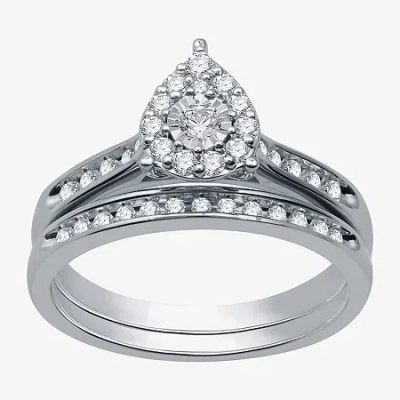 I Said Yes (h-i / I1) Womens 3/8 Ct. T.w. Lab Grown White Diamond Sterling Silver Pear Side Stone Halo Bridal S