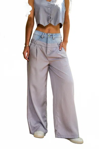I Too Two-tone Double-waistband Pants In Blue Multi In Gray