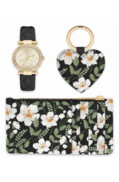 I Touch 36mm Crystal Embellished Watch, Keychain, & Card Wallet Gift Set In Black