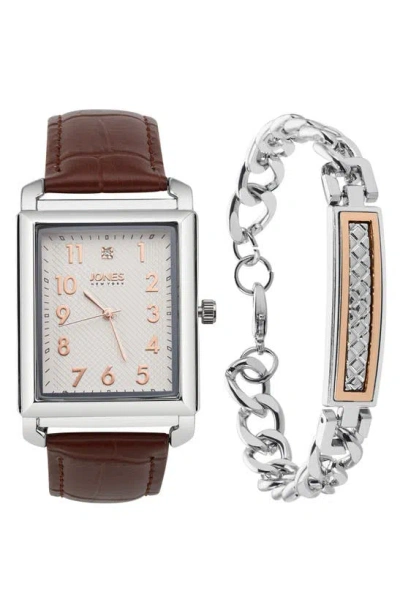 I Touch Diamond Accent Three-hand Quartz Watch & Id Bracelet Set In Brown