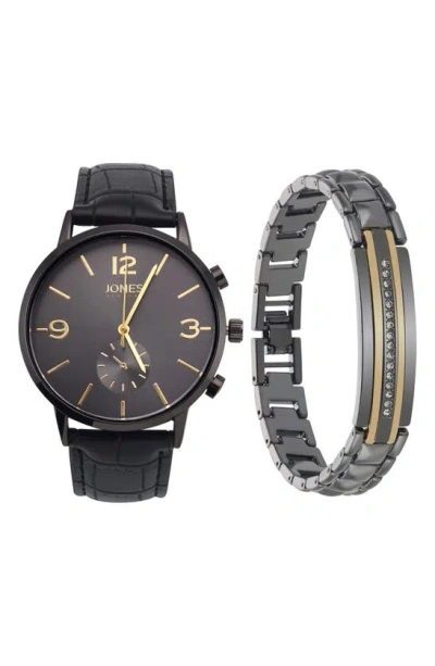 I Touch Jones New York Three-hand Quartz Bracelet Watch & Id Bracelet Set In Black