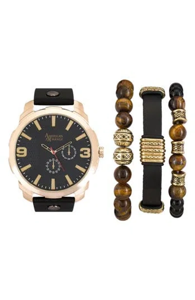 I Touch Three Hand Quartz Leather Strap Watch & Bracelet Set In Black/gold