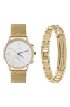I Touch Jones New York Three-hand Quartz Mesh Strap Watch & Id Bracelet Set In Gold