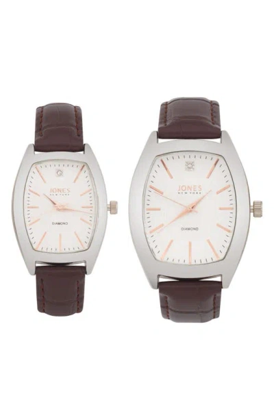 I Touch Two-piece Diamond Accent Tonneau Faux Leather Strap Watch His & Hers Set In Brown