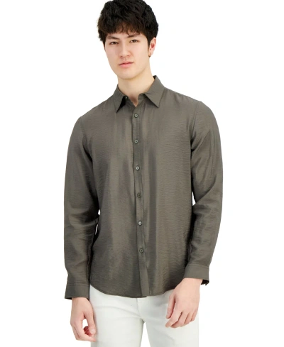 Inc International Concepts Men's Dash Long-sleeve Button Front Crinkle Shirt, Created For Macy's In Olive Twist