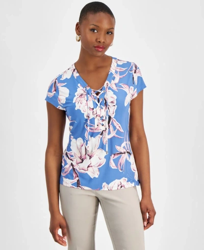 Inc International Concepts Petite Floral-print Lace-up-neck Top, Created For Macy's In Mariana Combo Blue