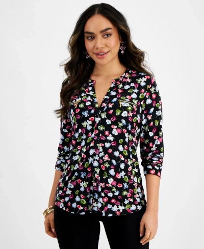 Inc International Concepts Petite Floral-print Zipper-pocket Top, Created For Macy's In Maddie Ditsy
