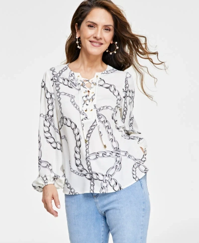 Inc International Concepts Petite Long-sleeve Lace-up Blouse, Created For Macy's In Chloe Chain