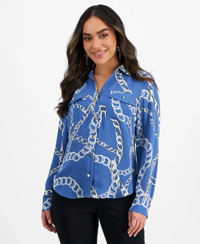 Inc International Concepts Petite Printed Button-down Top, Created For Macy's In Chloe Chain
