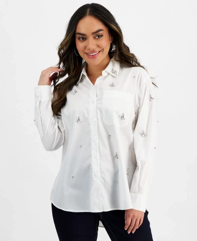 Inc International Concepts Petite Rhinestone Shirt, Created For Macy's In Bright White