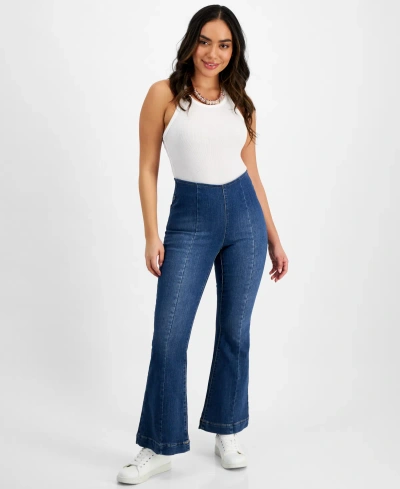 Inc International Concepts Petite Seamed High-rise Flare-leg Denim Jeans, Created For Macy's In Medium Indigo