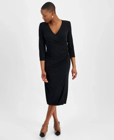 Inc International Concepts Petite Surplice-neck Faux-wrap Dress, Created For Macy's In Deep Black
