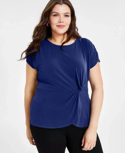Inc International Concepts Plus Size Crewneck Twist-detail Top, Created For Macy's In Sapphire Crush
