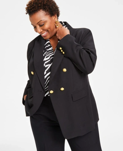 Inc International Concepts Plus Size Double Breasted One Button Blazer, Created For Macy's In Deep Black