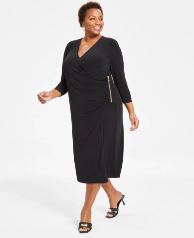 Inc International Concepts Plus Size Draped Surplice Faux-wrap Dress, Created For Macy's In Deep Black