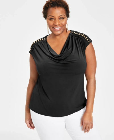 Inc International Concepts Plus Size Laced-chain-shoulder Top, Created For Macy's In Deep Black