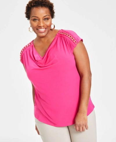 Inc International Concepts Plus Size Laced-chain-shoulder Top, Created For Macy's In Pink Dragonfruit