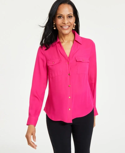 Inc International Concepts Plus Size Long-sleeve Button-front Blouse, Created For Macy's In Pink Dragonfruit