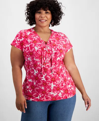 Inc International Concepts Plus Size Printed Lace-up-neck Top, Created For Macy's In Keeley Blooms