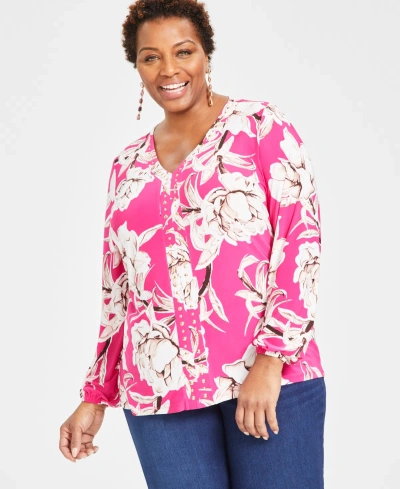Inc International Concepts Plus Size Printed Studded Blouson-sleeve Top, Created For Macy's In Mariana Combo