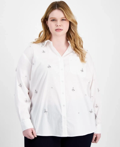 Inc International Concepts Plus Size Rhinestone-embellished Button-down Shirt, Created For Macy's In Bright White