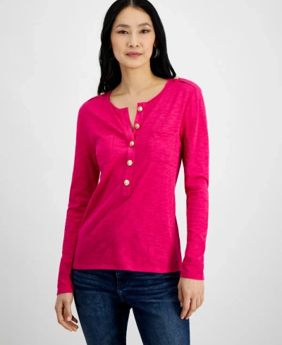 Inc International Concepts Women's Chest-pocket Henley, Created For Macy's In Pink Dragonfruit