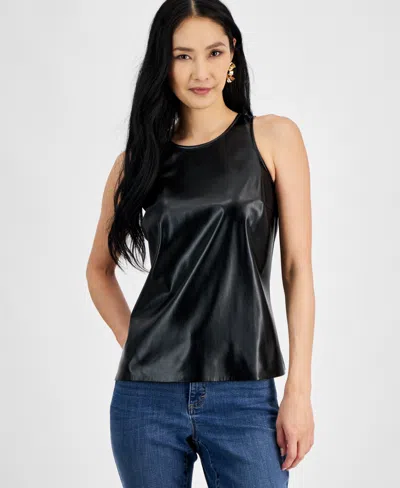 Inc International Concepts Women's Faux-leather Sleeveless Top, Created For Macy's In Deep Black