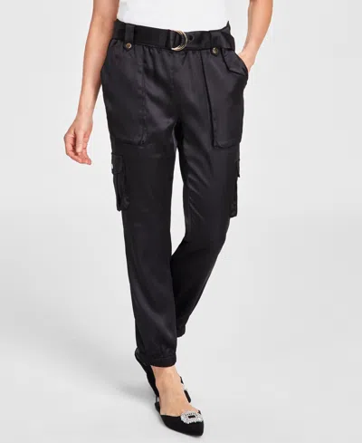 Inc International Concepts Women's High-rise Belted Satin Cargo Pants, Regular & Petite, Created For Macy's In Deep Black