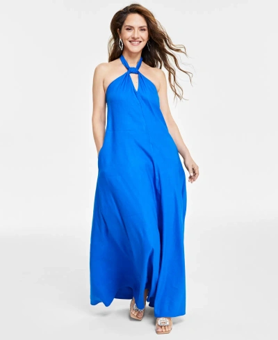 Inc International Concepts Petite Linen-blend Keyhole Halter Maxi Dress, Created For Macy's In Intense Cobalt