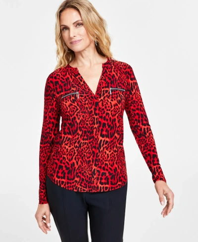 Inc International Concepts Women's Print Zip-pocket Top, Created For Macy's In Chantal Cheetah