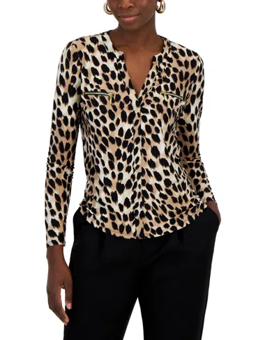 Inc International Concepts Women's Print Zip-pocket Top, In Regular & Petite, Created For Macy's In Ombre Cheetah