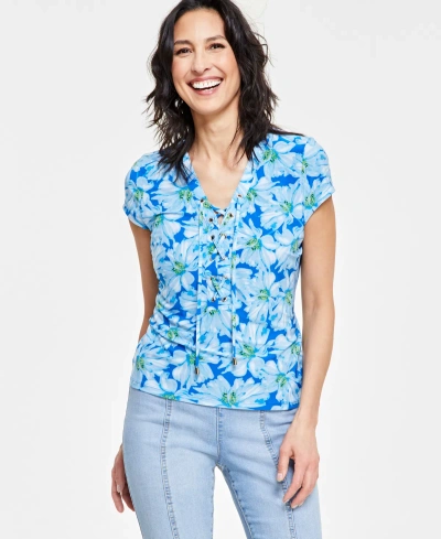 Inc International Concepts Women's Printed Lace-up Front Top, Created For Macy's In Keeley Blooms A