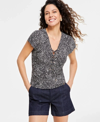 Inc International Concepts Women's Printed Lace-up Front Top, Created For Macy's In Micro Spots
