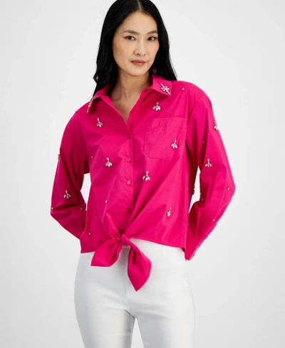 Inc International Concepts Women's Rhinestone Tie-front Blouse, Created For Macy's In Pink Dragonfruit