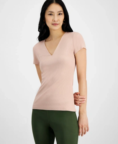Inc International Concepts Women's Ribbed V-neck Top, Created For Macy's In Naked Clay