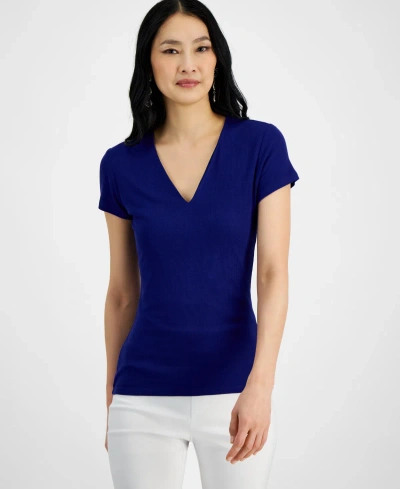 Inc International Concepts Women's Ribbed V-neck Top, Created For Macy's In Sapphire Crush