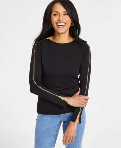 Inc International Concepts Women's Zip-trim Long-sleeve Top, Created For Macy's In Deep Black