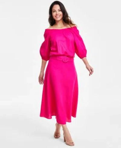 Inc International Concepts Womens Smocked Off The Shoulder Blouse Belted A Line Midi Skirt Created For Macys In Pink Dragonfruit