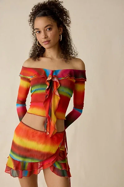 I.am.gia I. Am. Gia. Mariska Ruffle Mesh Long Sleeve Off-the-shoulder Top In Orange, Women's At Urban Outfitt In Brown