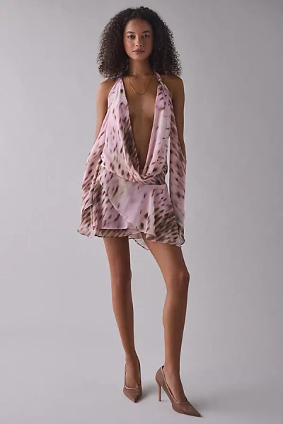 I.am.gia I. Am. Gia. Rosanna Plunging Cowl Halter Mini Dress In Leopard, Women's At Urban Outfitters In Brown