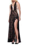 I.am.gia Irisia Lace Plunge Halterneck Backless Thigh Slit Maxi Dress In Black