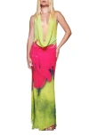 I.am.gia Samantha Plunge Cowl Halterneck Low Back Maxi Dress In Green