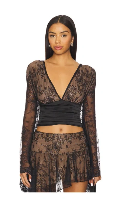 I.am.gia Stevie Lace Flute Sleeve Open Shoulder Deep Plunge Hook And Eye Detail Top In Black