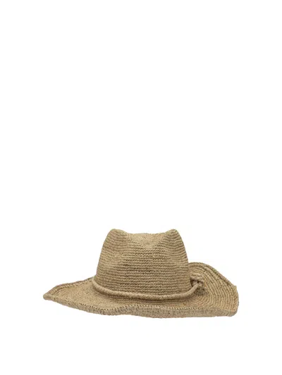 Ibeliev Beige Raffia Leather Hat In Brown